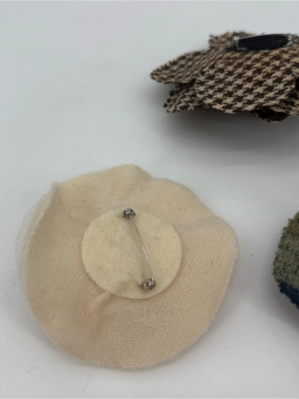 Lot of 5 Fabric Flower Brooches Plaid Houndstooth Tweed Pins Handmade Rosettes